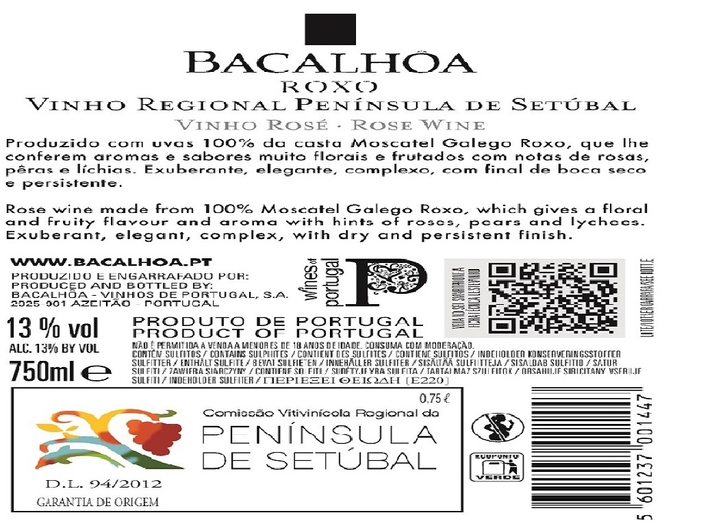 VINHO ROSÉ BACALHÔA MOSCATEL ROXO SETÚBAL 0.75L