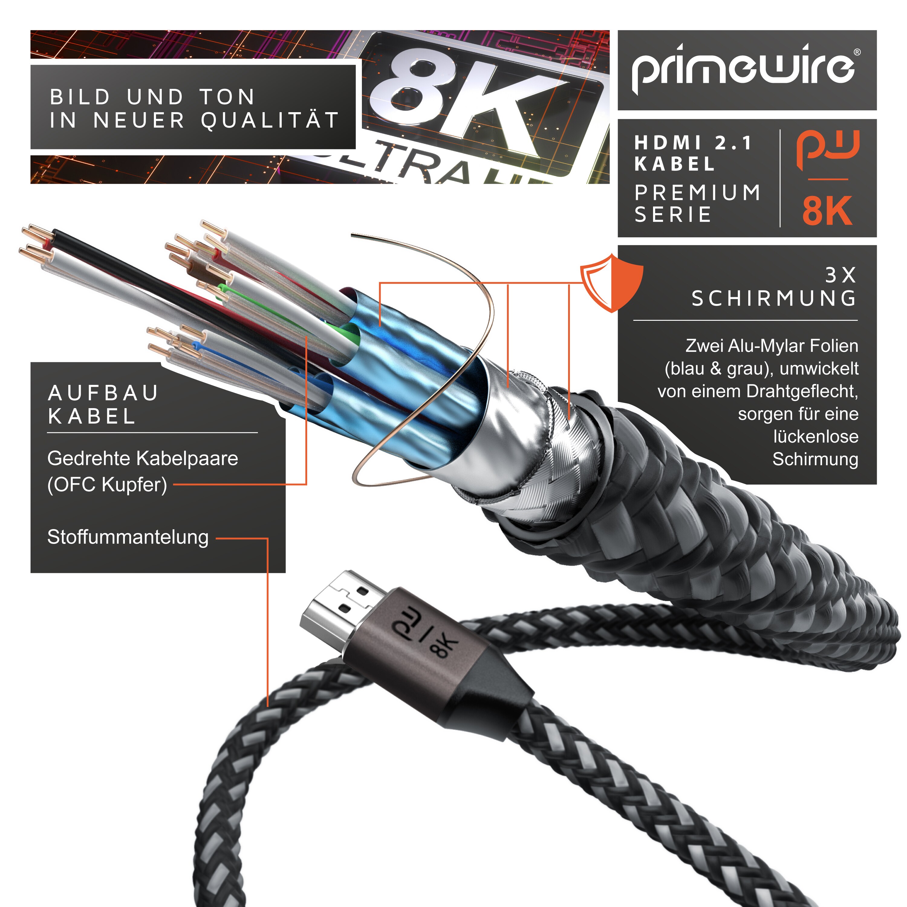 Primewire 8k HDMI Kabel 2.1 UHD II, 8k @ 120 Hz mit DSC, 7680 x 4320, 2k 4k Ethernet, HDR eARC VRR ALLM, kompatibel zu Blu Ray PS4 PS5 - 1 m