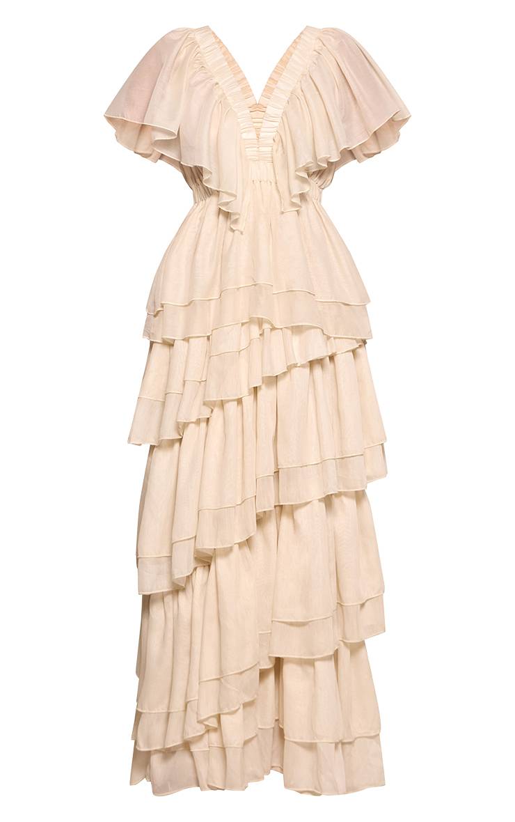 Crème Robe Maxi À Col V Plongeant Et Volants Étagés Extrêmes