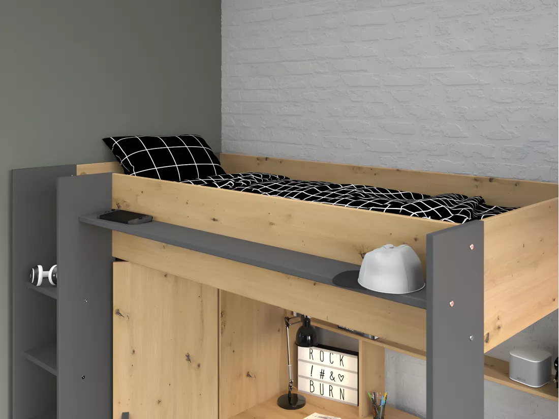 Lit mezzanine avec bureau et armoire - 90 x 200 cm - Coloris : Chêne et anthracite + matelas - AUCKLAND