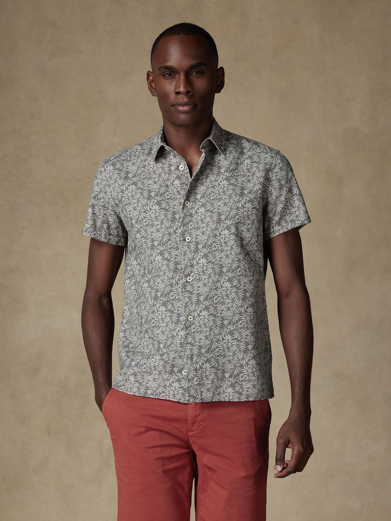 Chemise manches courtes Spike en lin kaki à motif floral