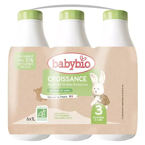 Leite de crescimento Babybio, leite de vaca, fase 3 orgânico, 6 x 1L