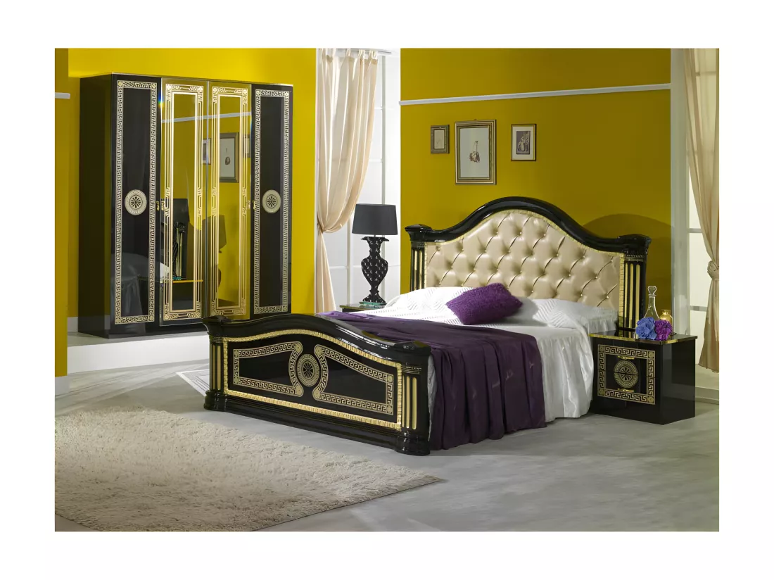 Chambre complète 160x200 Noir/Doré capitonné - BLAIR