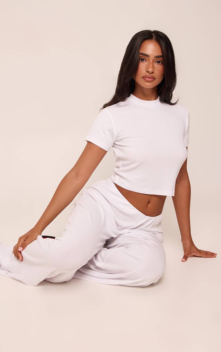 Blanc Pantalon Large Côtelé Taille Mi-haute Modal Petite