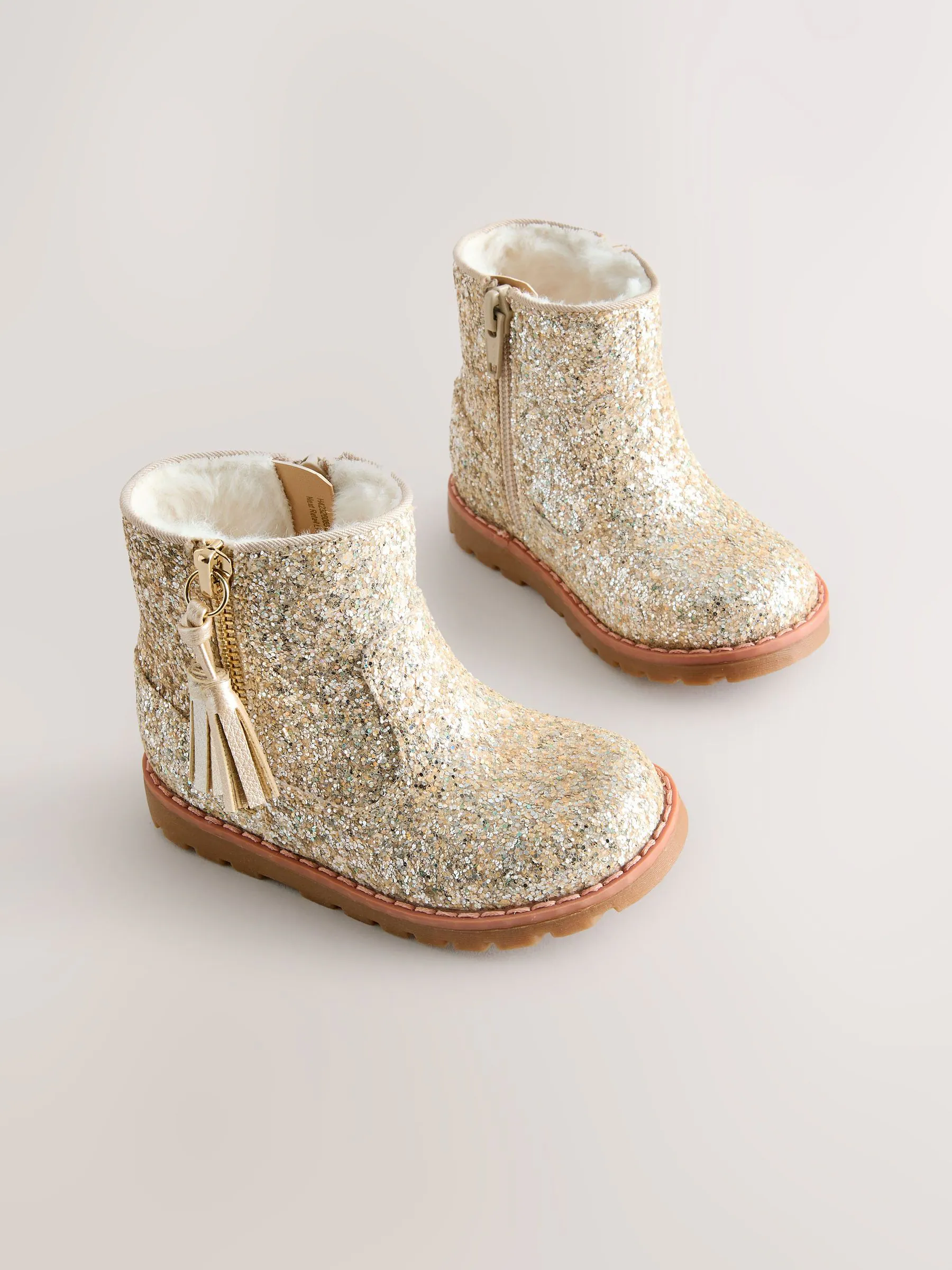 Goud glitter - Chelsea enkellaarsjes met rits en kwastjes