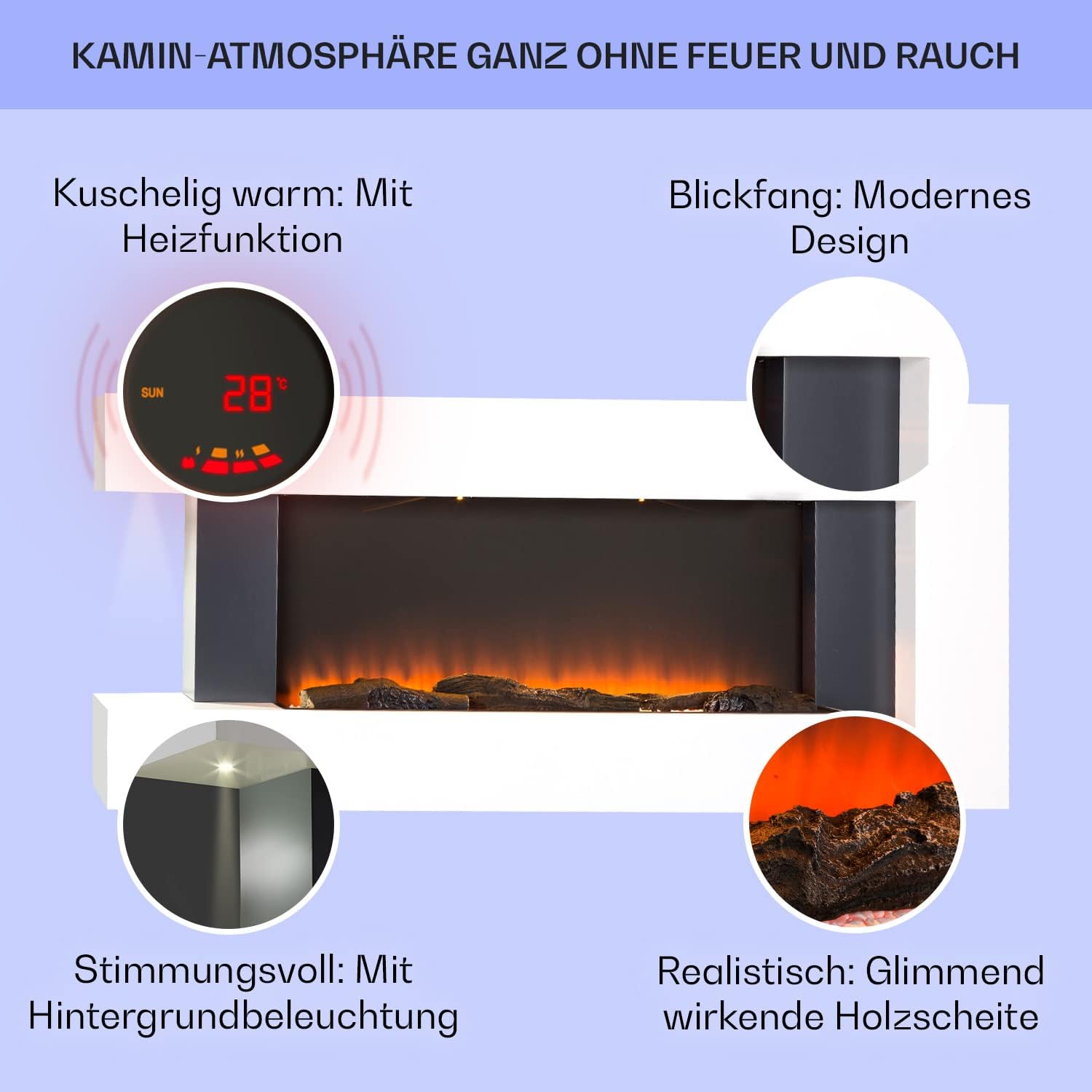 Klarstein Studio Light & Fire 2 - Elektrokamin mit LED-Flammenillusion, Elektro Kamin mit Timer-Funktion und Thermostat, 1000/2000W, MDF-Gehäuse, inkl. Fernbedienung, Ambient Down Light, weiß
