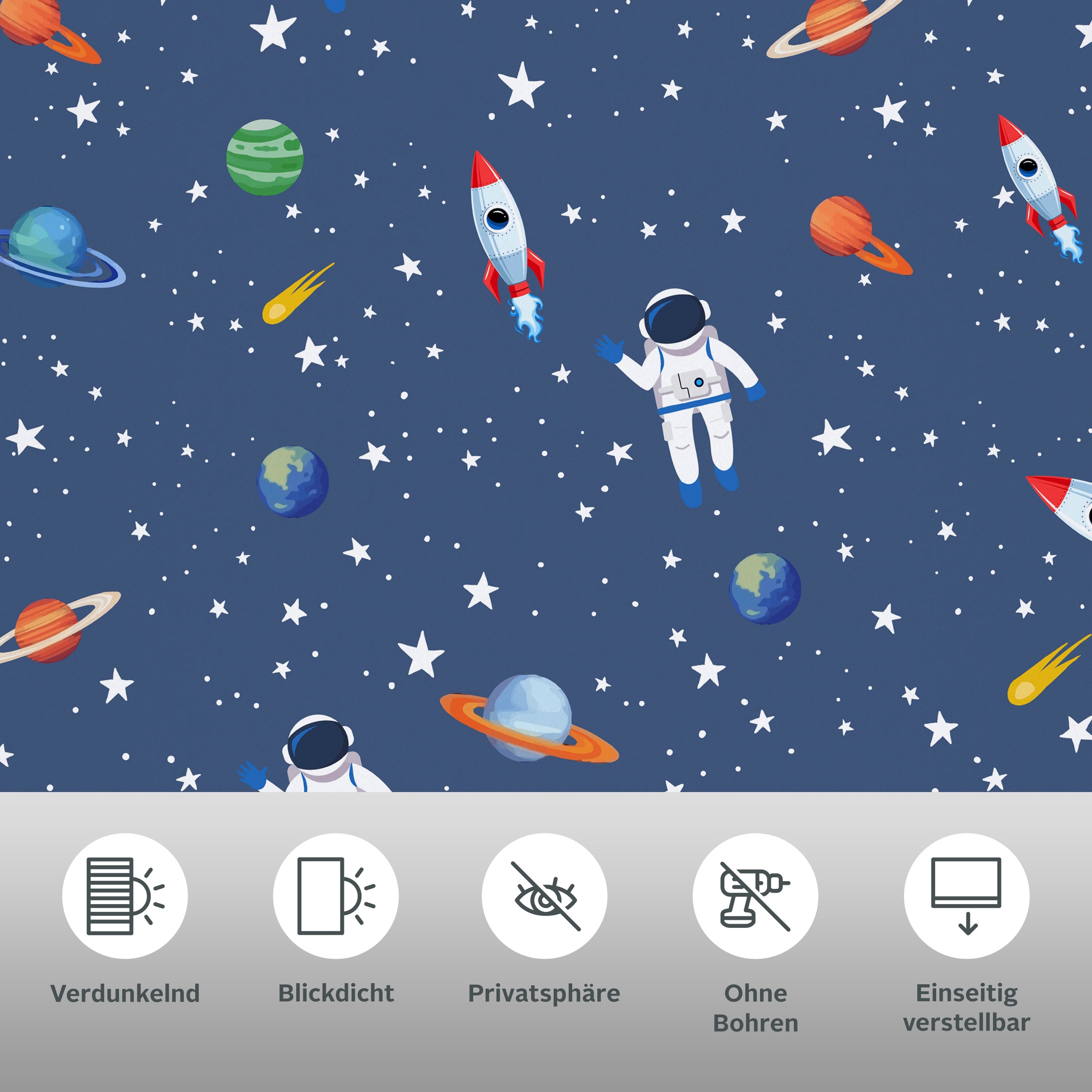 GOODproduct Rollo »ASTRONAUT« verdunkelnd Blendschutz | Sichtschutz | Verdunkelung ohne Bohren freihängend Fixmass, Klemmfix, Astronaut, Kinderrollo -NEUHEIT!