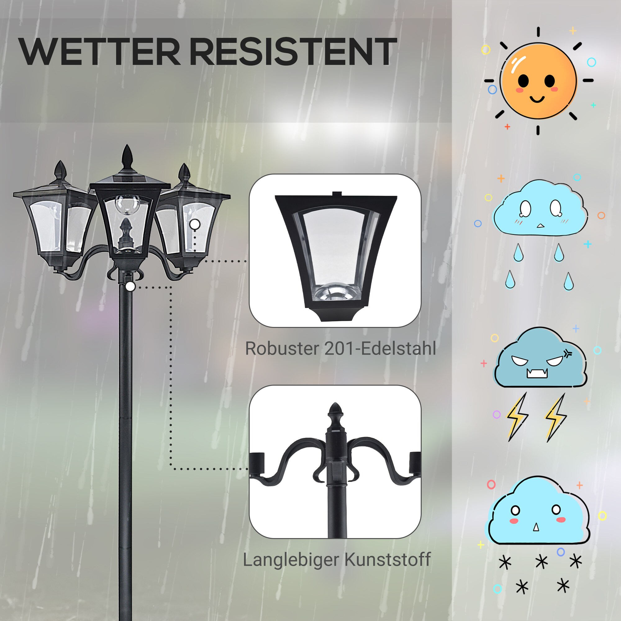 Outsunny Solar Gartenleuchte mit 3 Lampen schwarz 51,5L x 47B x 182,5H cm