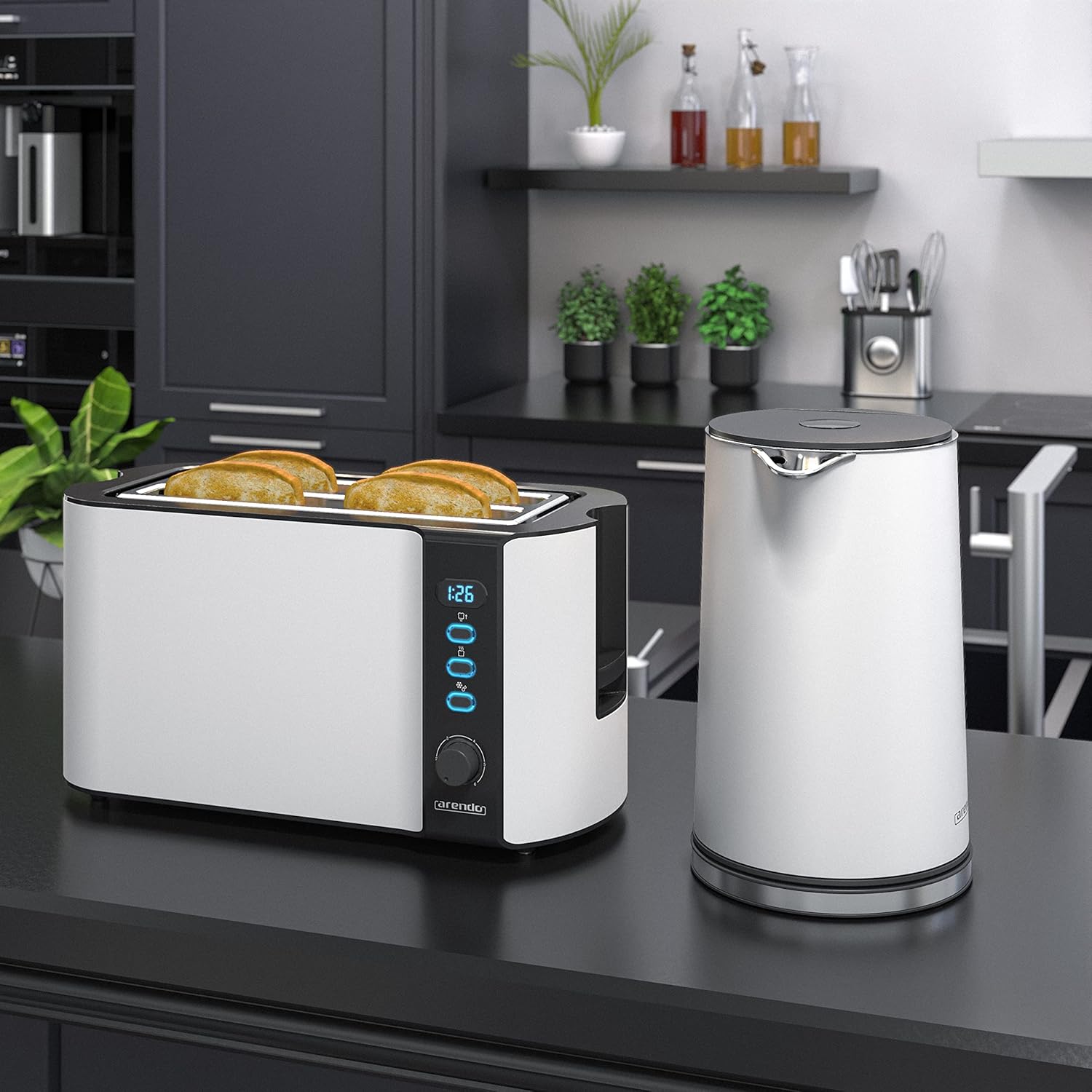 Arendo - Wasserkocher mit Toaster SET Edelstahl Weiß matt, Wasserkocher 1,5L 40° - 100° Warmhaltefunktion Toaster 4 Scheiben LED-Display 6 Bräunungsgrade Brötchaufsatz