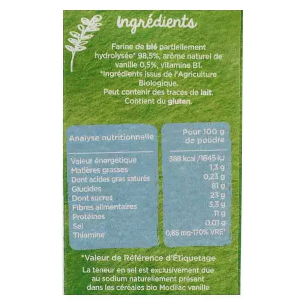 Cereais orgânicos de baunilha Modalac para bebês a partir de 6 meses, 250g