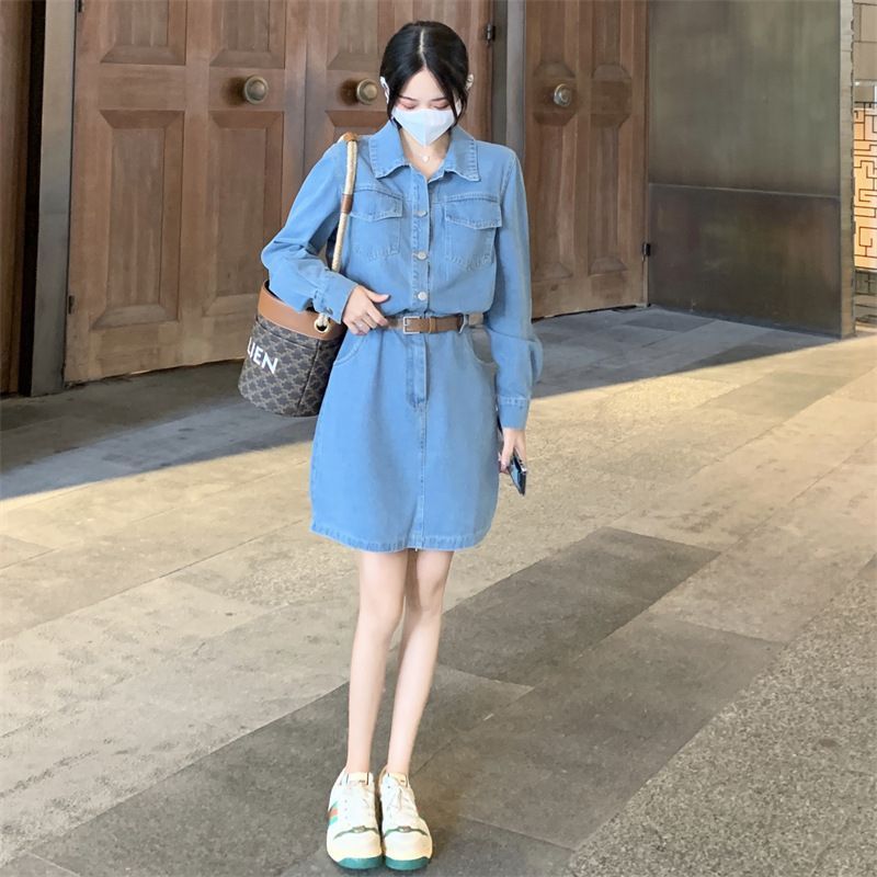 Sienne - Henley denim mini-overhemdjurk met lange mouwen