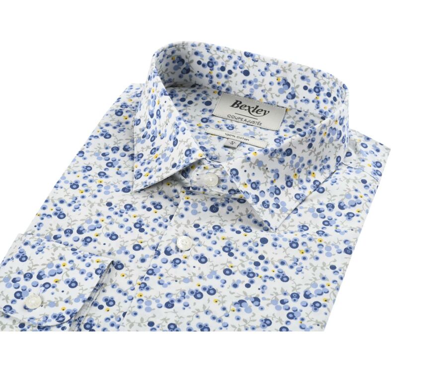Chemise coton blanche imprimée fleurs bleues et beiges - THÉANDRE