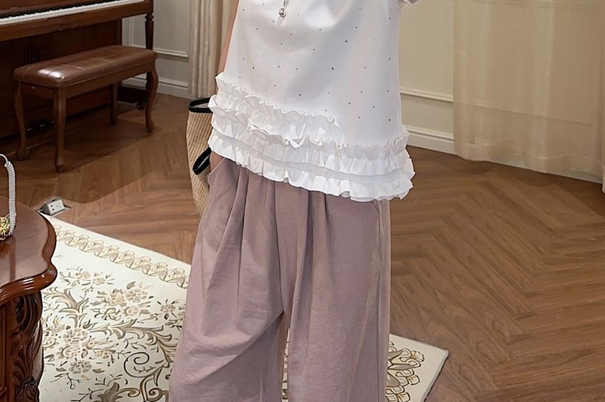 Closette - T-shirt met korte mouwen, ronde hals en ruches en strass-steentjes