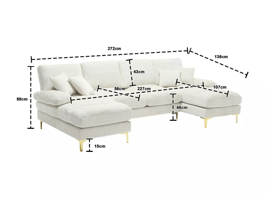 Canapé 4 places d'angle, en tissu chenille, cadre en bois massif, avec oreillers, 272x136x88cm, Beige