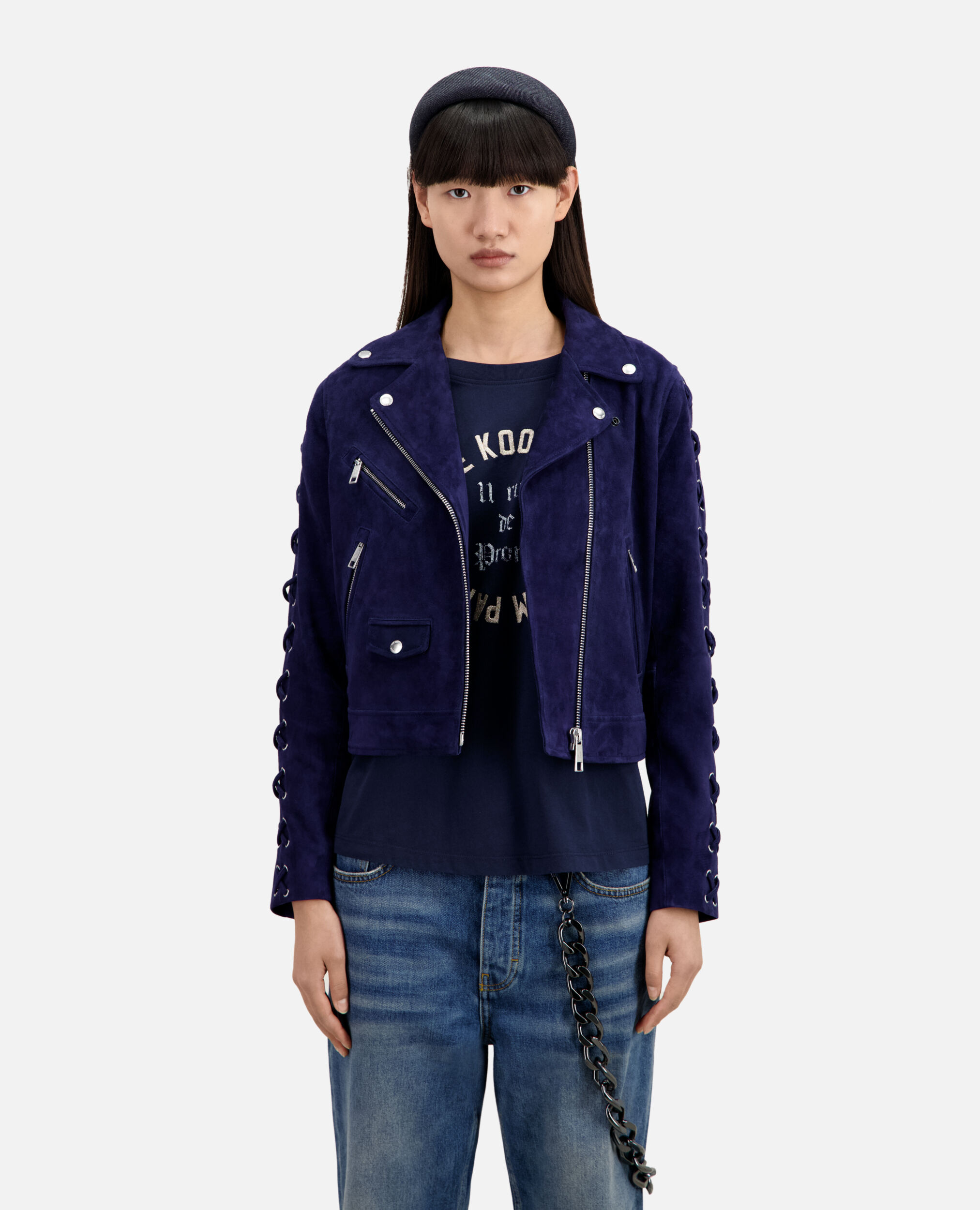 Navy blue suede leather biker jacket