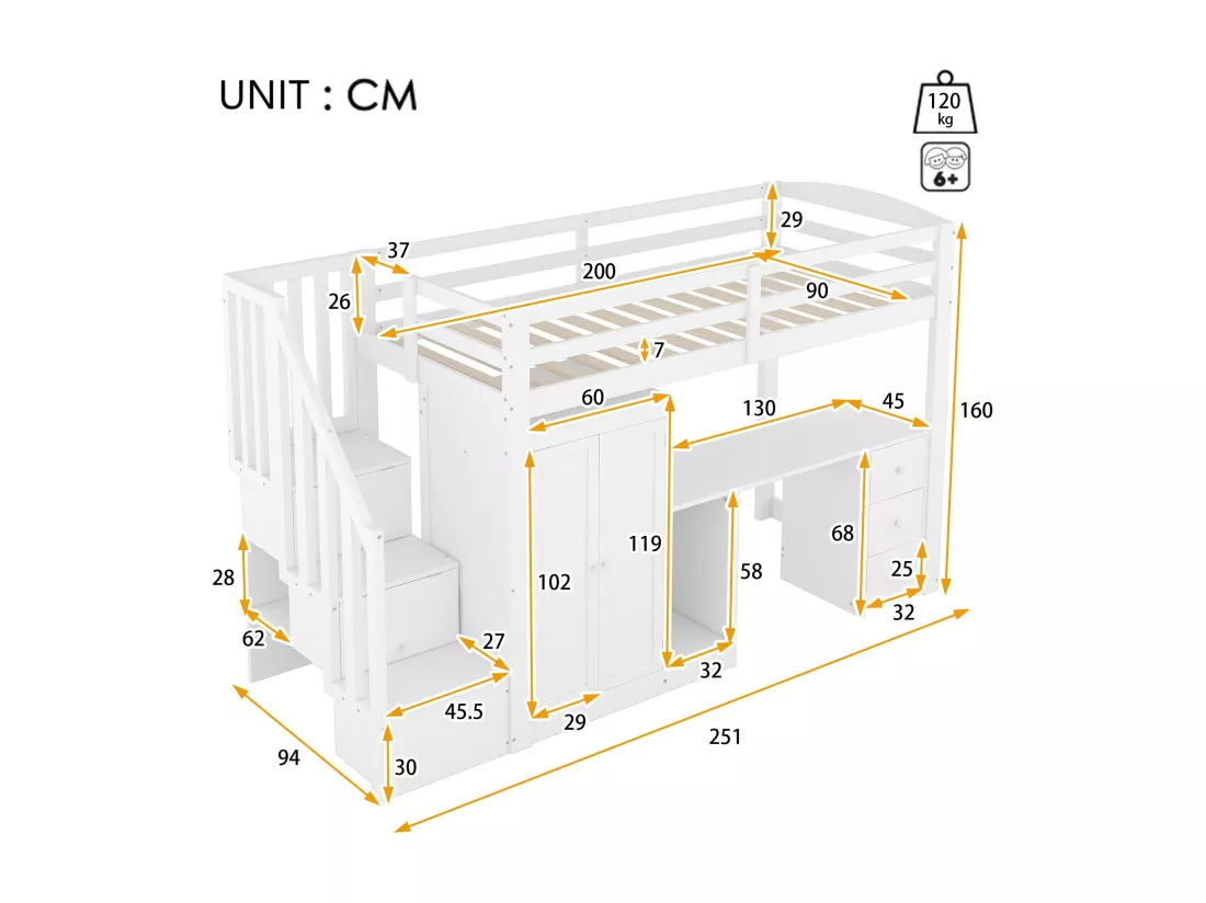 Lit mezzanine 90x200cm en bois - avec armoire、bureau et escalier de rangement - Blanc