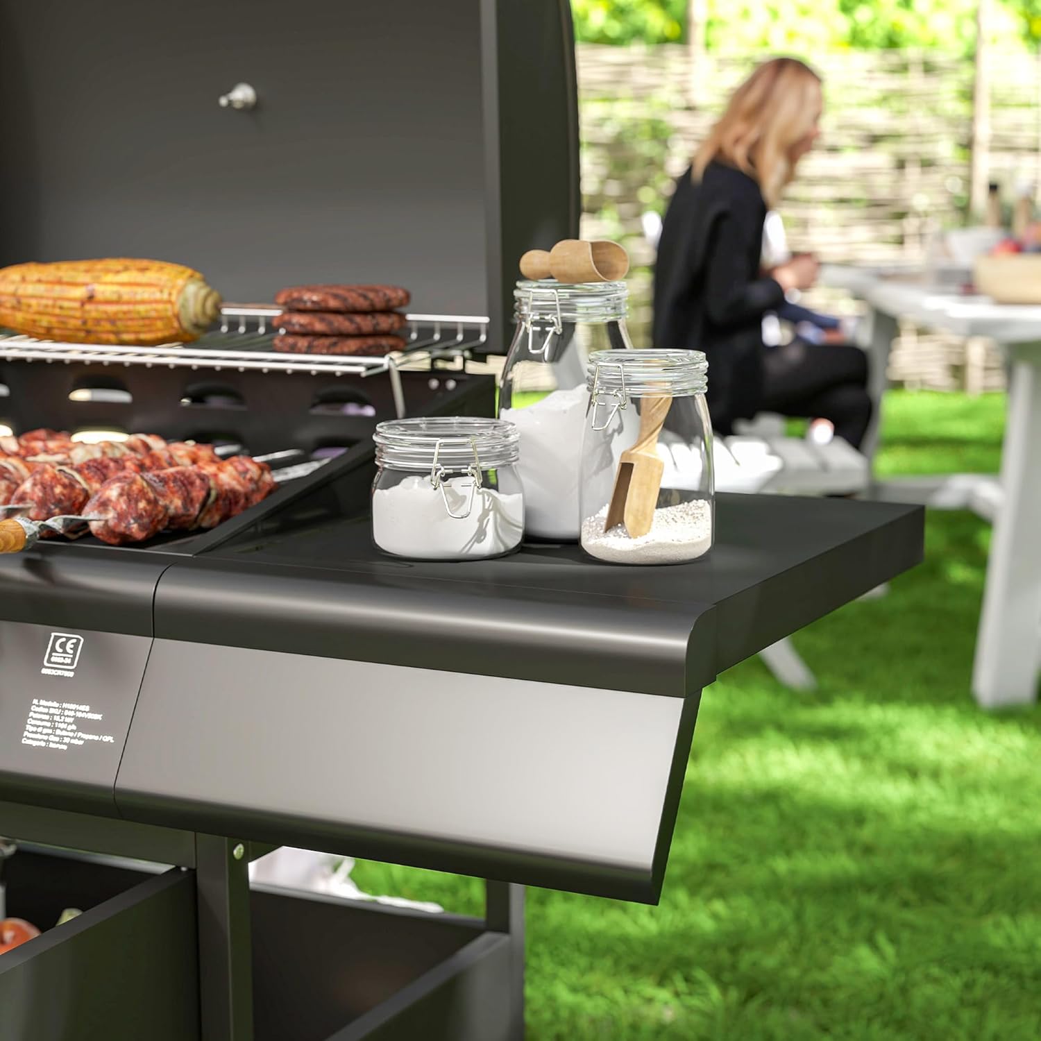 Outsunny Gasgrill 15,2 KW BBQ Gartengrill inkl 5 Edelstahl-Brenner Seitenkocher Rolle Gasschlauch Druckminderer Deckel Seitenablage Thermometer, Grillwagen für Grill, Balkon, 129,5 x 56 x 110 cm