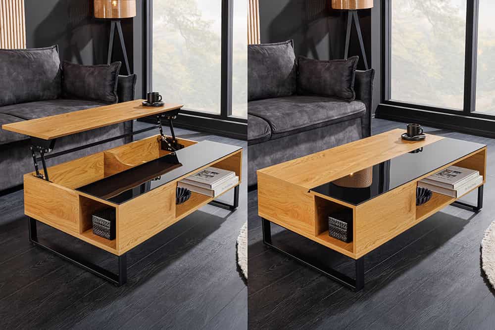 Höhenverstellbarer Couchtisch APARTMENT 110cm natur Eiche schwarz Metall Stauraum