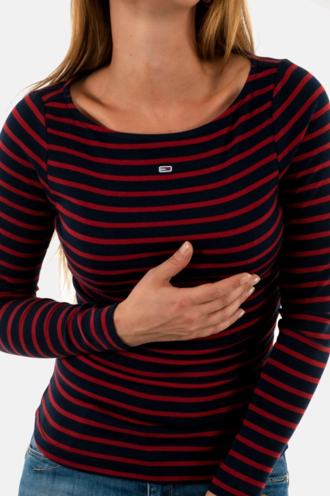 Tee shirt manches longues tommy jeans breton stripe 0g6 regatta red / dark night navy
