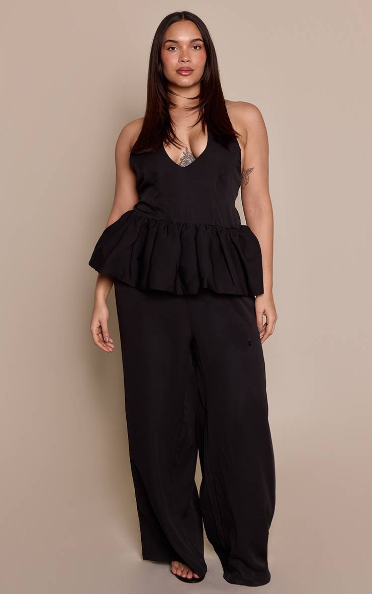 Noir Combinaison Pantalon Grande Taille Col Licou À Basque Et Jambes Larges