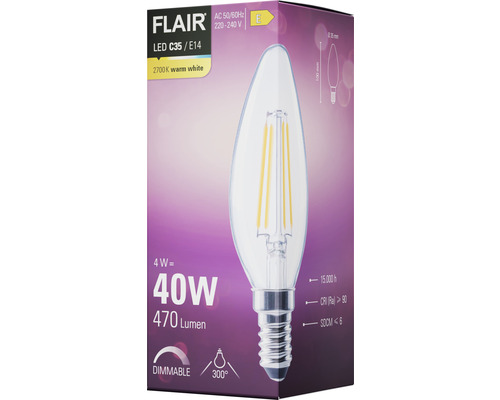 FLAIR LED kaarslamp, dimbaar, C35 E14/4W (40W), 470 lm, 2700 K, warm wit, helder