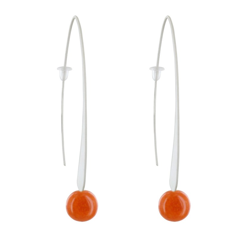 Boucles d'Oreilles Crochet Plat Métal Argenté et Perles Céramique