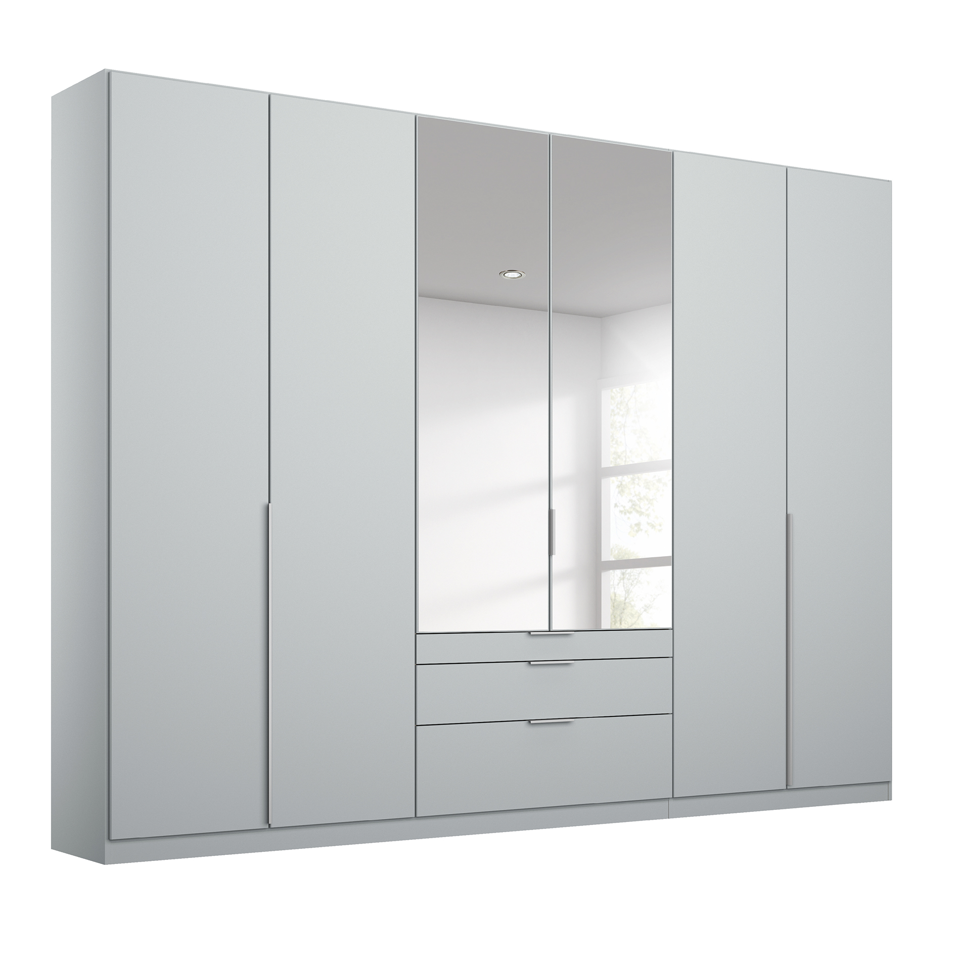 Drehtürenschrank - seidengrau - Kristallglasspiegel - 3 Schubkästen - 6-türig - 271x229 cm