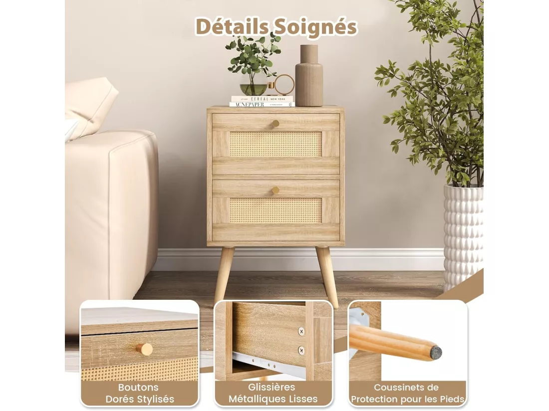 Table de Chevet en Rotin, Table de Nuit Bois avec 2 Tiroirs et 4 Pieds en Pin, Porte Cannage, Table d'appoint scandinave pour Salon, Chambre, Style Bohème, 40 x 40 x 59 cm (1, 40x40x59cm)