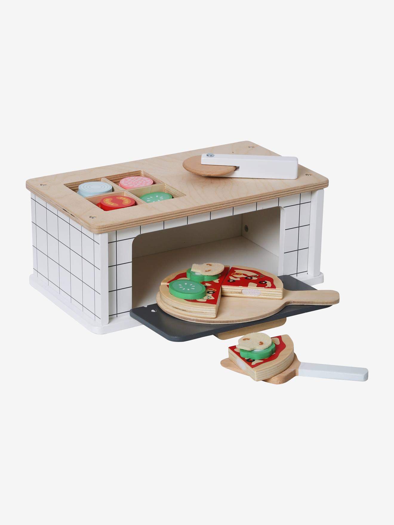 Forno de pizza de madeira lisa bege médio com certificação FSC® e padrões.