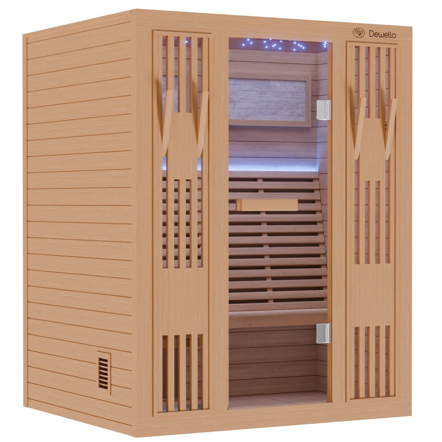 Dewello Finnische Sauna MINTO 150x130 Kabine aus Hemlock Tannenholz mit 4,5 kW Harvia Ofen, inkl Sauna Set