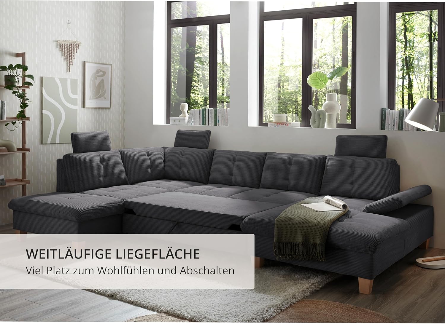Wohnlandschaft Ascot mit Cord-Bezug und Schlaffunktion in Anthrazit, U-Form inkl. Kopfstützen, Bettkasten und Verstellbarer Armlehne - 324 x 107 x 218 cm (B/H/T)