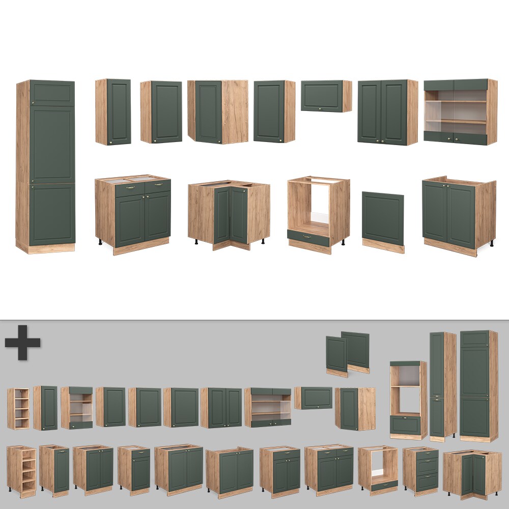 Vicco Eckküche Küchenzeile Einbauküche Fame-Line Landhaus Eiche Grün Gold227x287 cm Spülenunterschrank Schubunterschrank Eckunterschrank Herdumbauschrank Hängeschrank Kühlumbauschrank