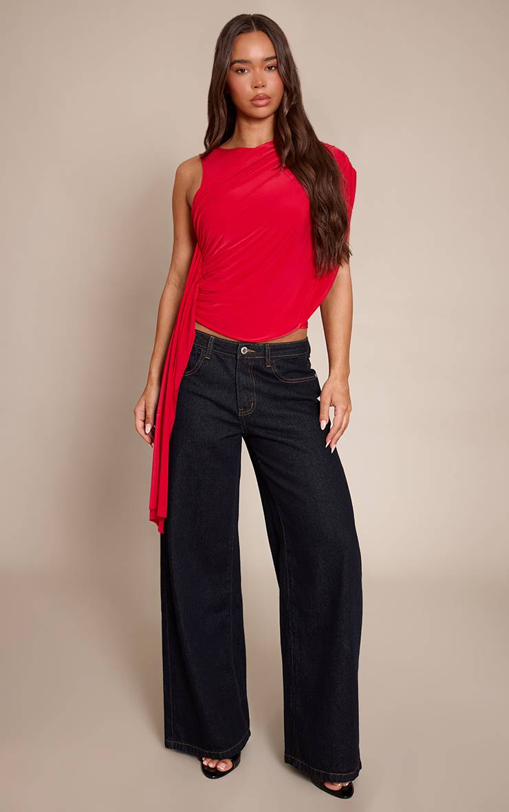 Rouge Haut Long Fluide Avec Détail Drapé