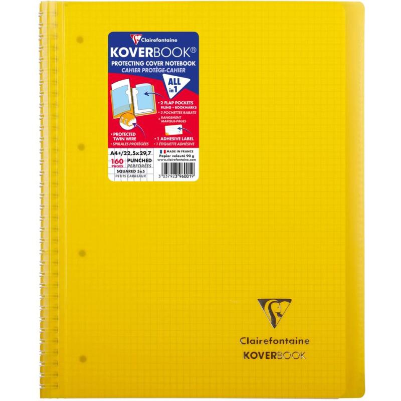 Cahier reliure intégrale enveloppante Koverbook A4+ 160 pages petits carreaux détachables perforé 4 trous couverture polypropylène t ransparent - Assortis
