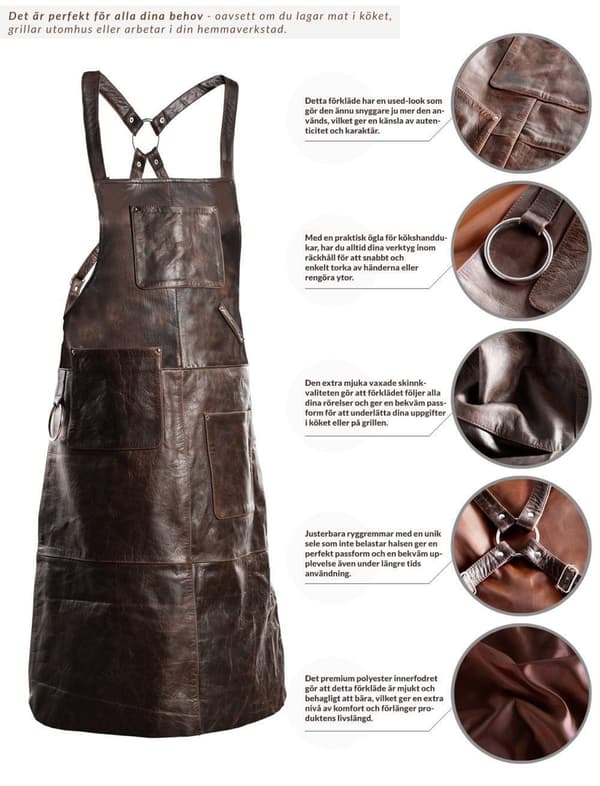 PREMIUM SKINNFORKLE GRILL / BBQ / BARISTA / KOKK / FRISØRFORKLE BRUN VINTAGE