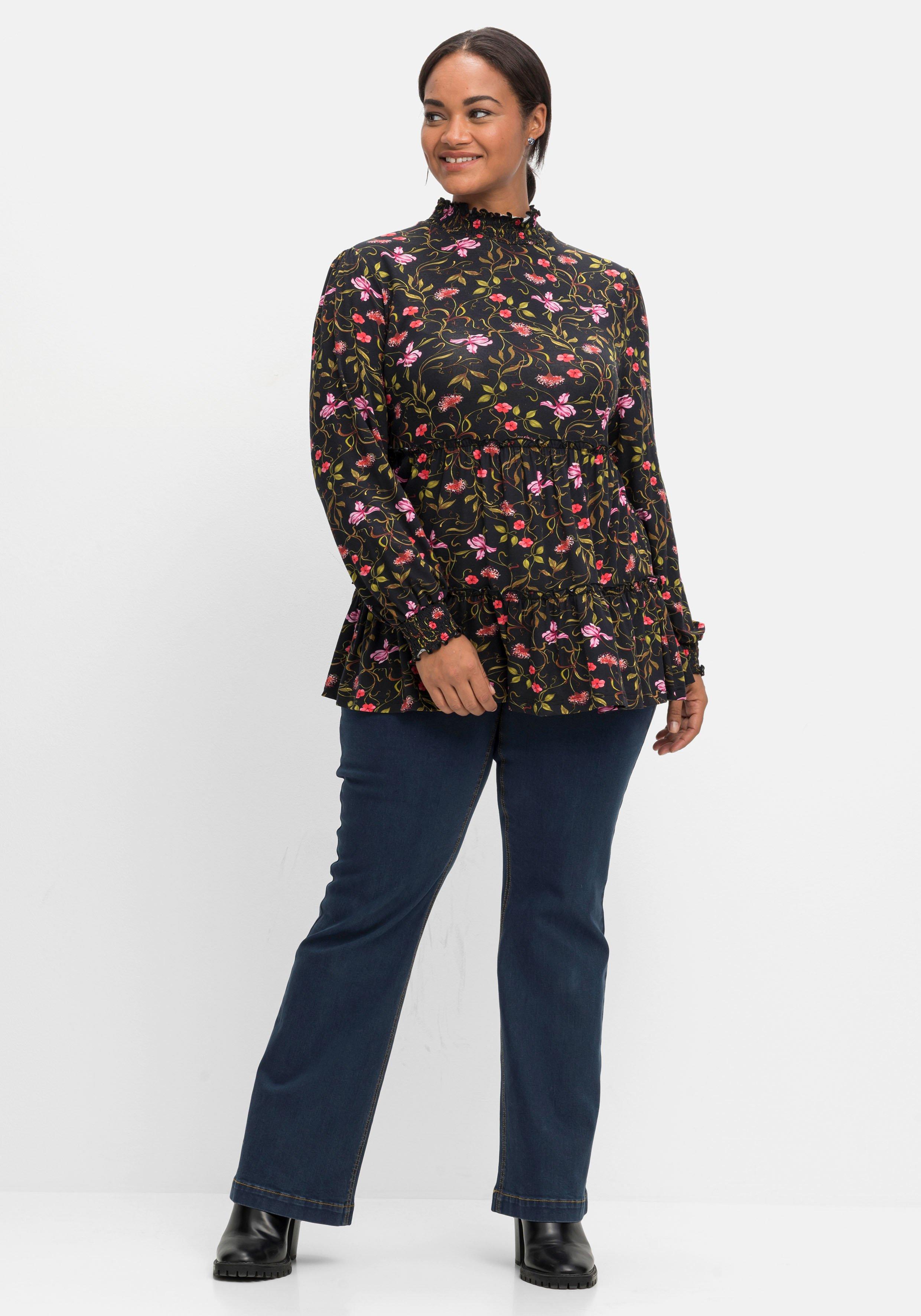 Langarmshirt mit Smokdetails und Volant am Saum