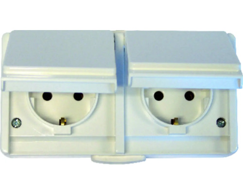 Opbouw dubbele contactdoos voor vochtige ruimtes, IP54 polarwit, standaard IP54