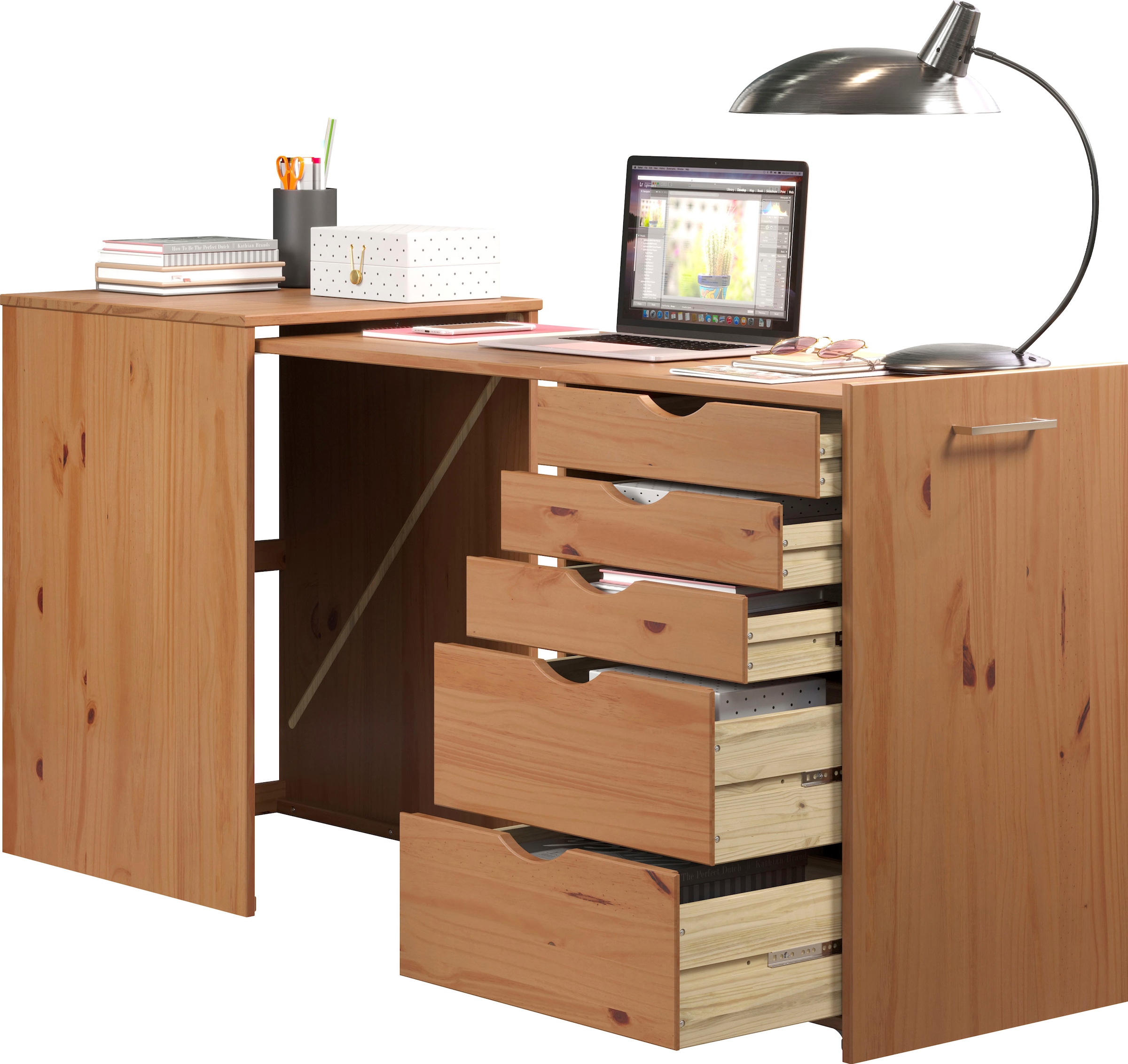 INTER-FURN Regal-Schreibtisch »Voltera« 1 Stk. tlg. kleiner Massivholz Schreibtisch, gross ausziehbar von 57 zu 164 cm