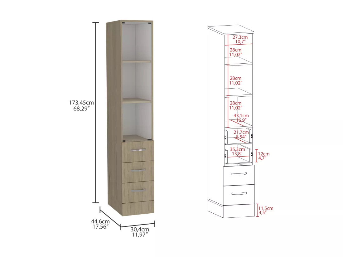 Vanguard Salle de bain Closet. Avec trois larges tiroirs. 17,56 cm P x 30,4 cm L x 173,45 cm A. Rovere / White