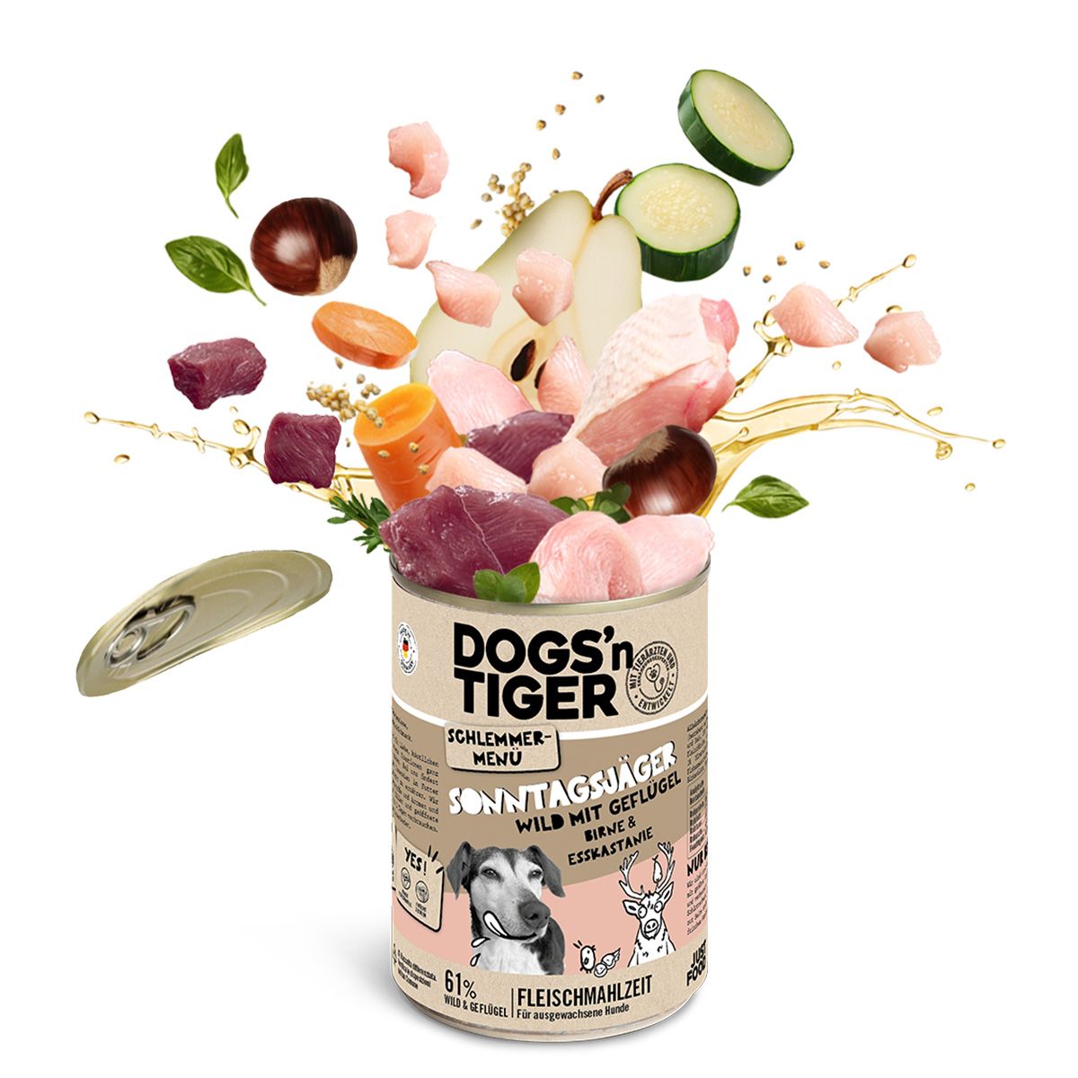Dogs’n Tiger Adult Hundefutter, Sonntagsjäger, Hunde Nassfutter, Wild, Geflügel, Birne & Karotte