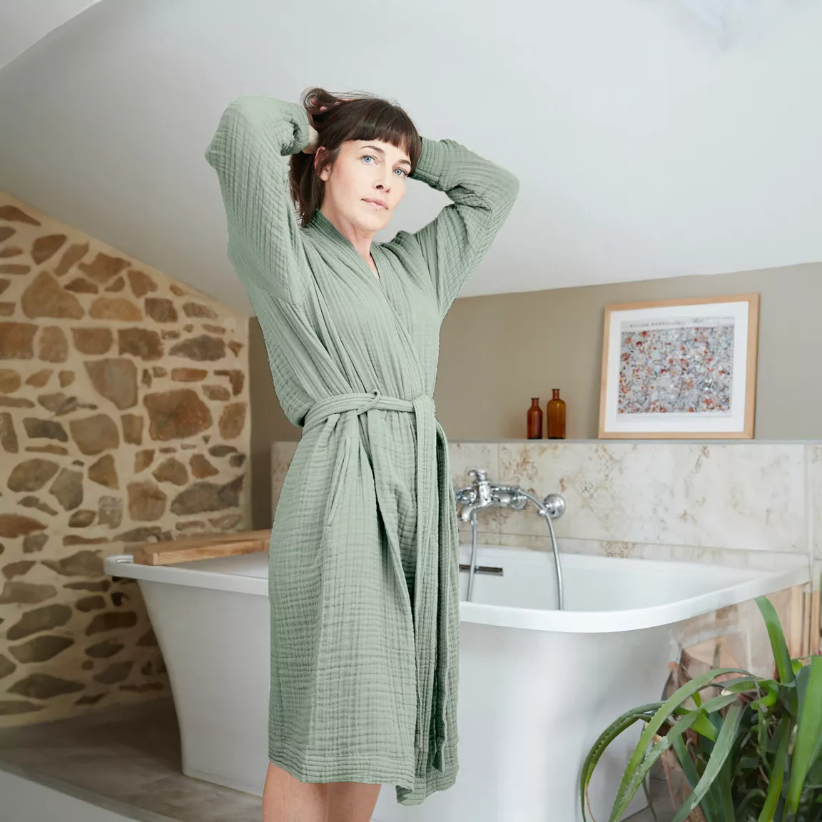 Peignoir de bain gaze de coton L/XL Gaïa Vert eucalyptus