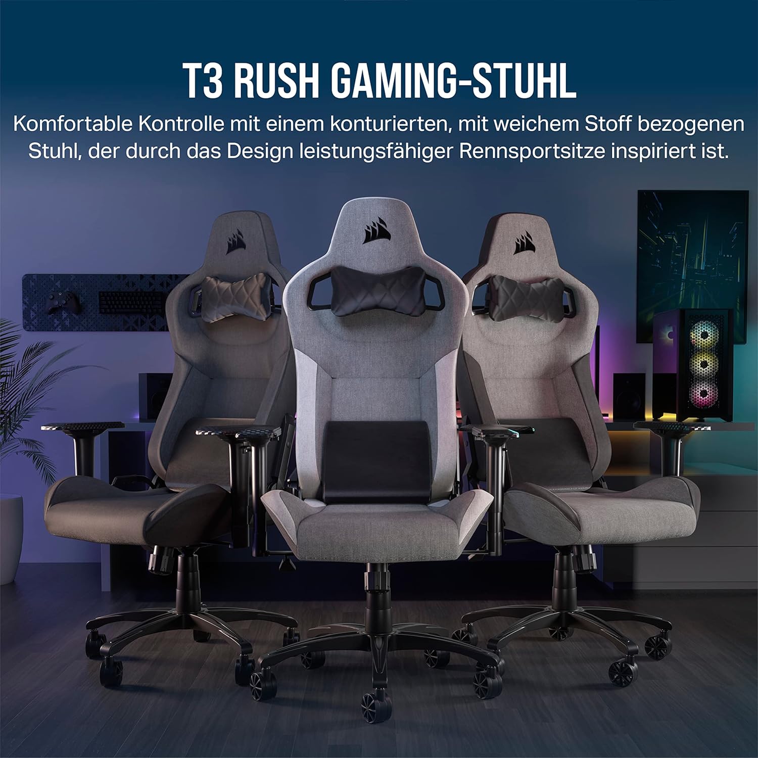 Corsair T3 RUSH Gaming-Stuhl mit Stoffbezug (2023) – Vom Rennsport inspiriertes Design – Bezug aus Weichem – Gepolstertes Nackenkissen – Lendenstütze aus Memory-Schaumstoff – Schwarz und Holzkohle