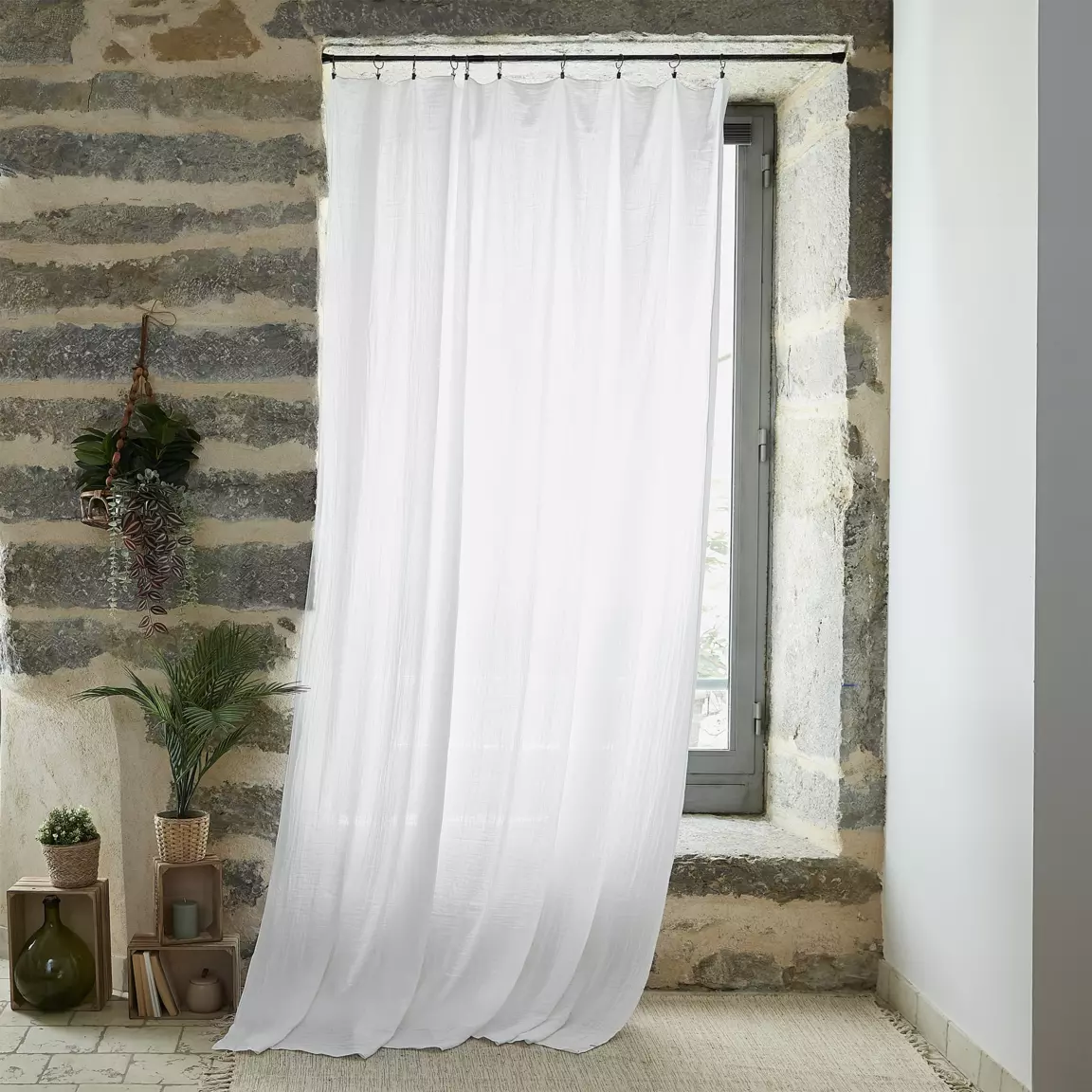 Rideau gaze de coton ajustable (140 x max 300 cm) Gaïa Blanc chantilly
