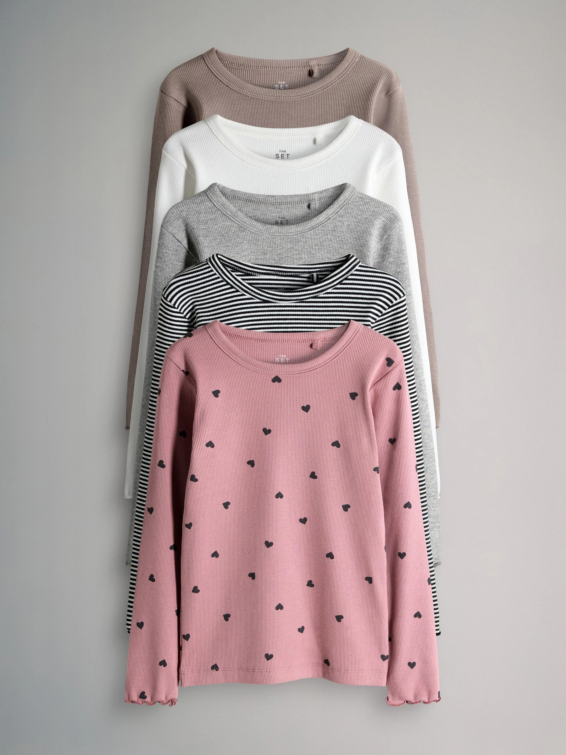 The Set 5 Pack Stripe Long Sleeve Ribbed Cotton T-Shirts