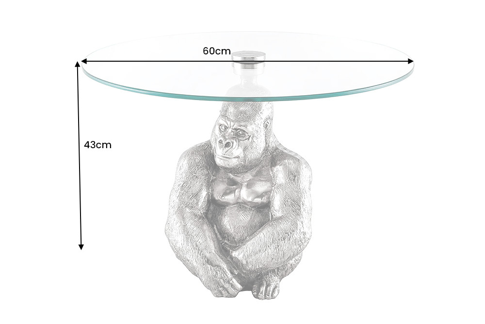 Runder Couchtisch WILDLIFE KONG 60cm silber Metall Glas Affenfigur Gorilla Skulptur handmade