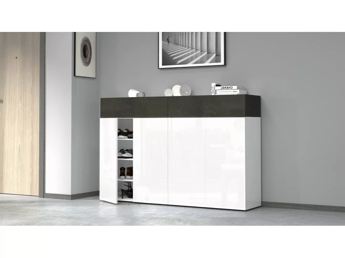 Étagère à chaussures Nadir, meuble à chaussures peu encombrant à 6 portes, armoire d'entrée multifonctionnelle, 154x38h100 cm, Blanc et Ardoise