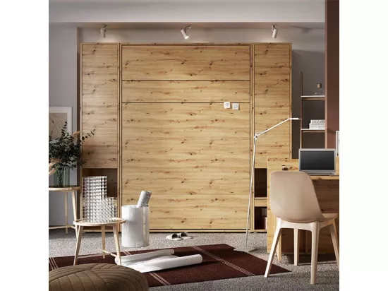 Lit escamotable horizontal avec étagères chêne artisan Noby 90x200-Avec Led sans veilleuses