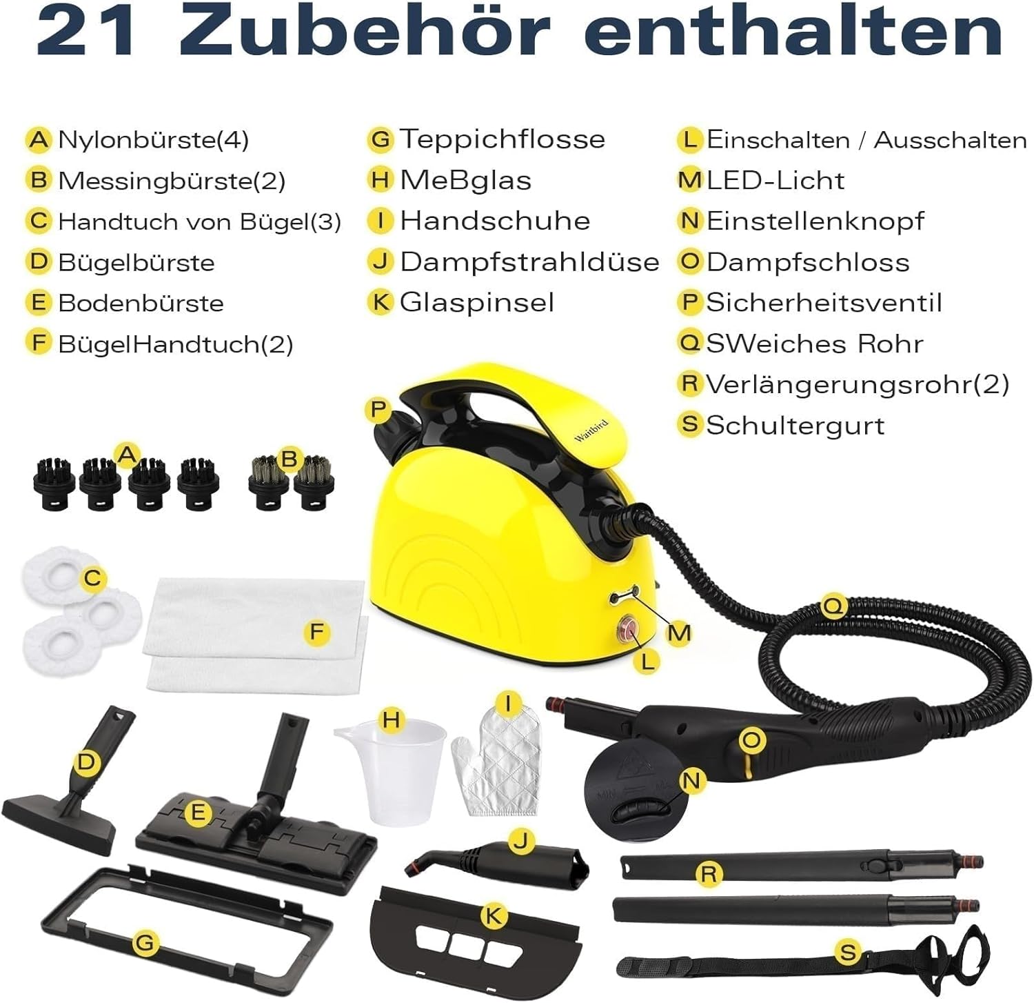 Dampfreiniger, komplett mit 21 Zubehörteilen, 248 °F Hochtemperatur, 1,1 l Wassertank, geeignet für die Reinigung von Backöfen, Teppichen, Sofas, Polstern, Spielzeug und glatten Böden.