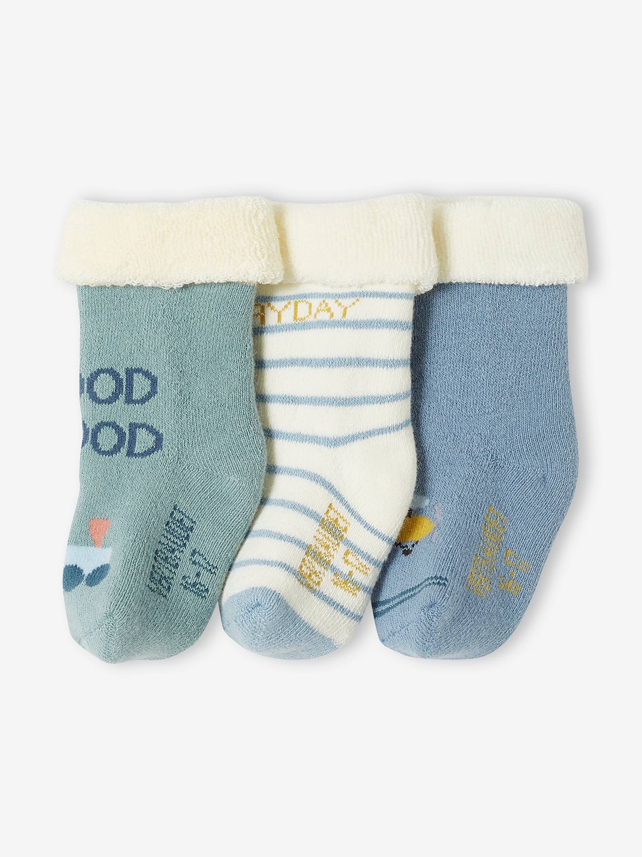 Pacote com 3 pares de meias com estampa de avião e trem para bebê menino, azul gelo.