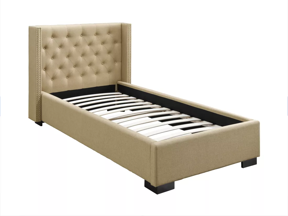 Lit 90 x 200 cm avec tête de lit capitonnée - Tissu - Beige + Matelas - MASSIMO II